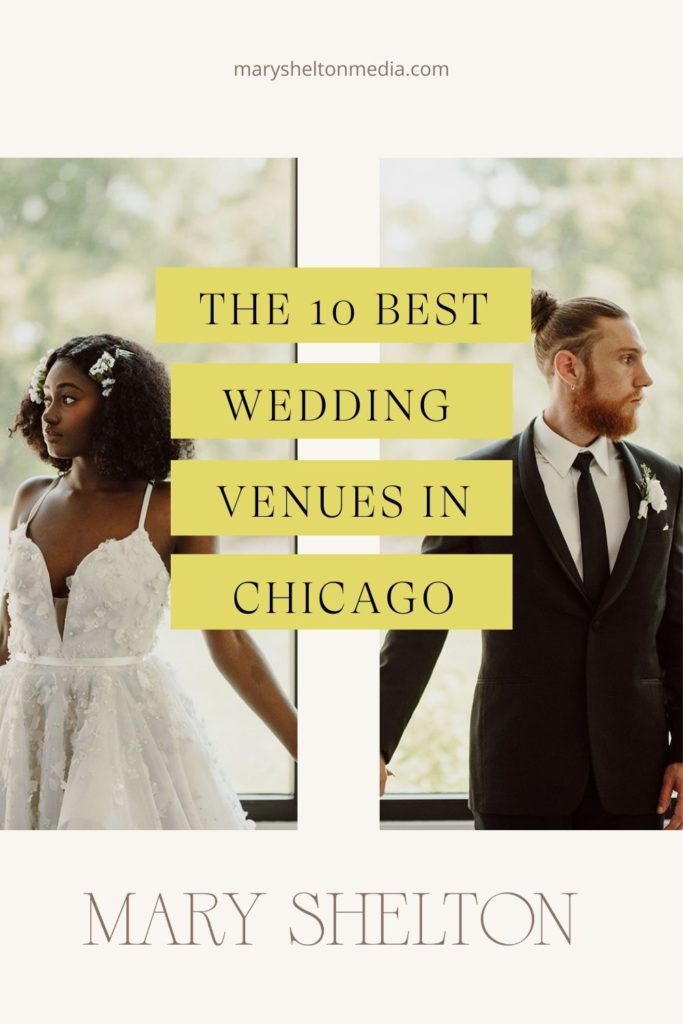 Bride and groom holding hands while looking in different directions; image overlaid with text that reads The 10 Best Wedding Venues in Chicago